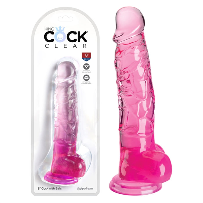 King Cock Clear 8" With Balls - Pink