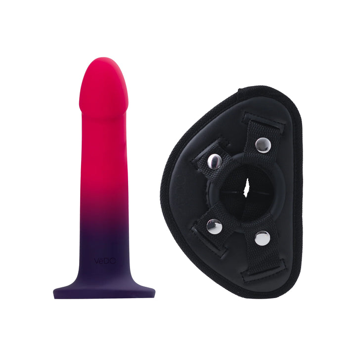 DUO SILICONE DILDO (NON VIBRATING) WITH HARNESS- PINK/PURPLE - VEDO