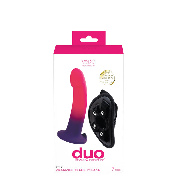 DUO SILICONE DILDO (NON VIBRATING) WITH HARNESS- PINK/PURPLE - VEDO