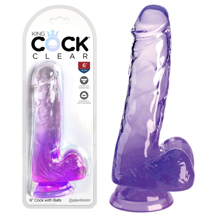 King Cock Clear 6" With Balls - Purple