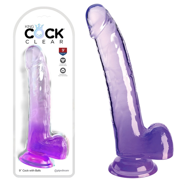 King Cock Clear 9" With Balls - Purple