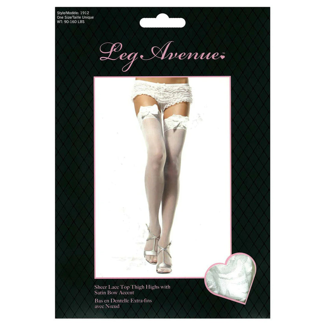 Leg Avenue Sheer Thigh-High Stockings with Satin Bow - White - One Size - Boutique Toi Et Moi