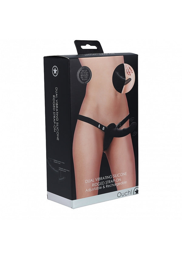 Dual Vibrating Silicone Ridged Strap-On Adjustable - Black- Shots- Ouch