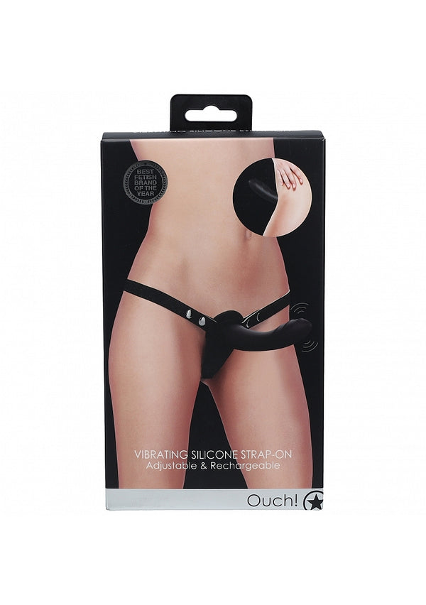 Vibrating Silicone Strap-On Adjustable & Rechargeable - Black - Shots- Ouch-